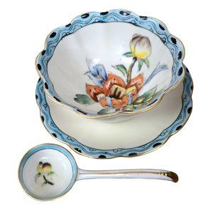 VTG Noritake "M" Japan Three Footed Condiment Bowl w Spoon Saucer Plate Floral